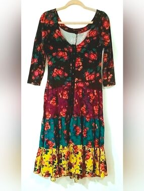 Vintage Betsey Johnson 90s Floral Dress Tiered Grunge Romantic Midi M